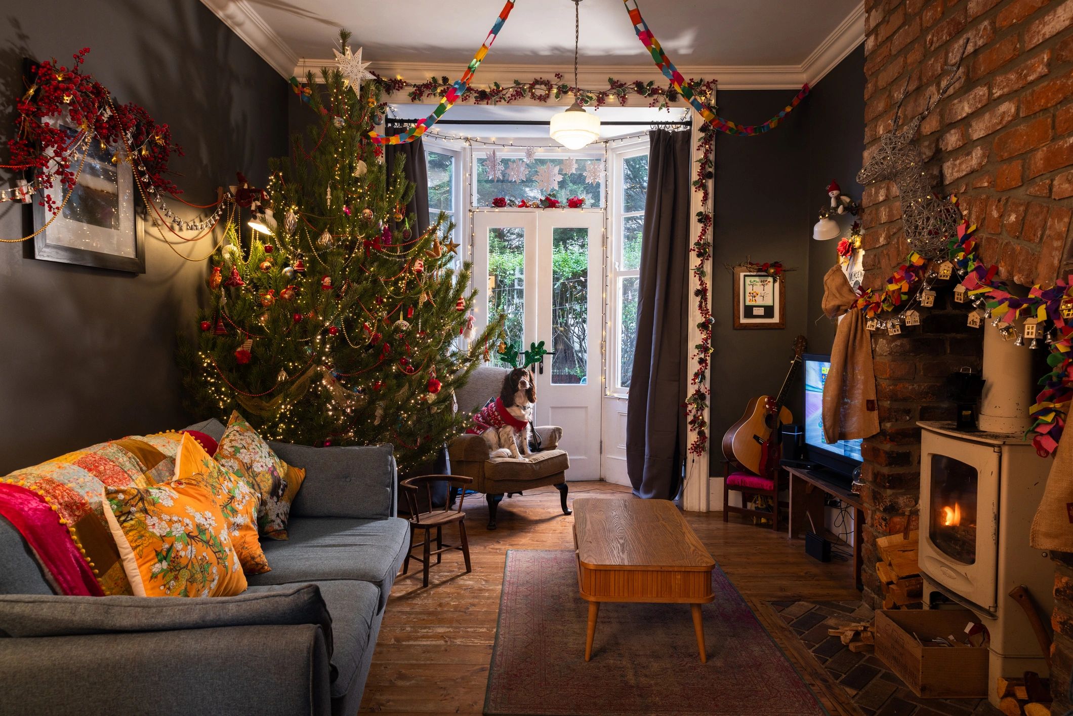Decorated Christmas tree in a festive living room