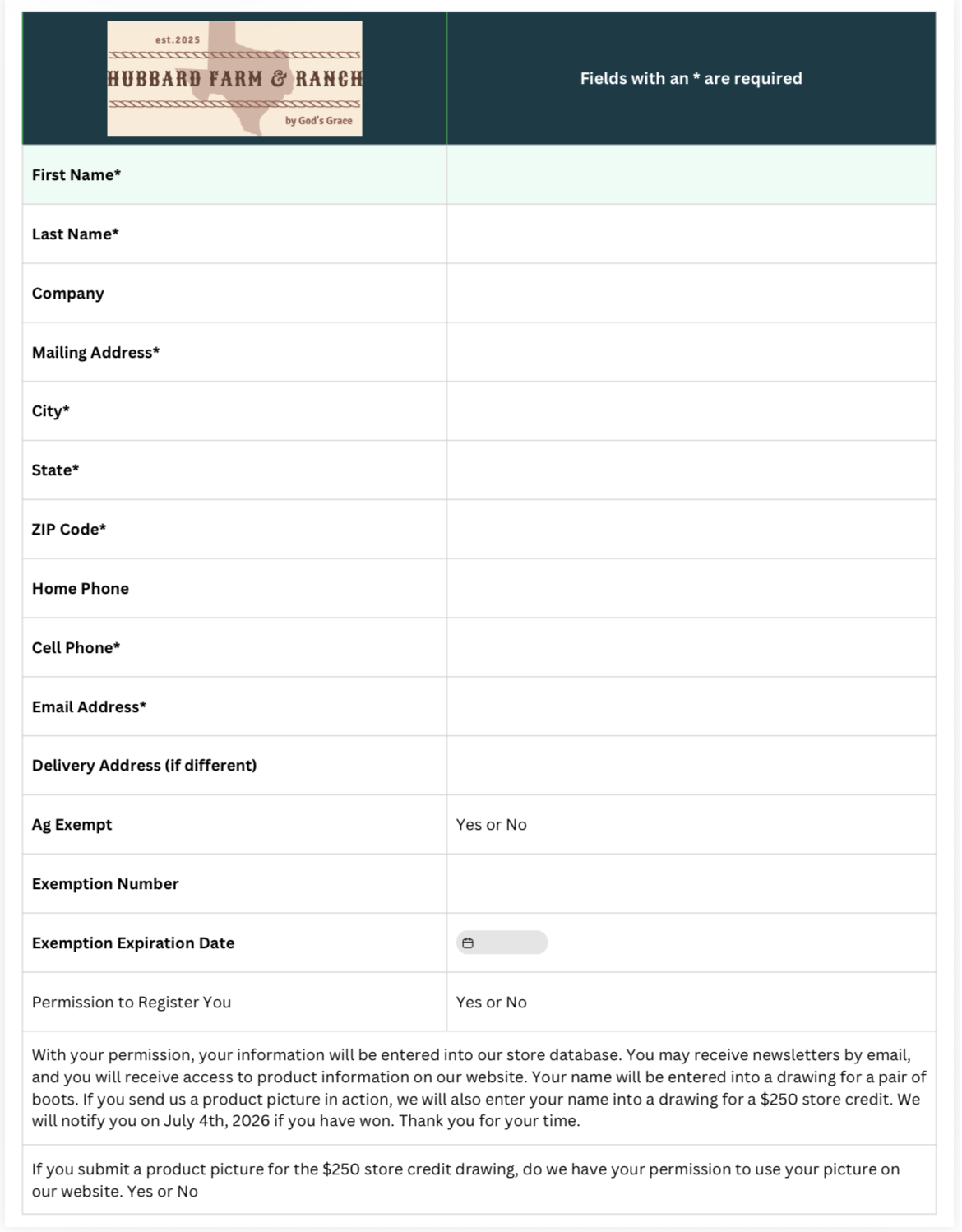 Entry form for Hubbard Farm and Ranch promotions