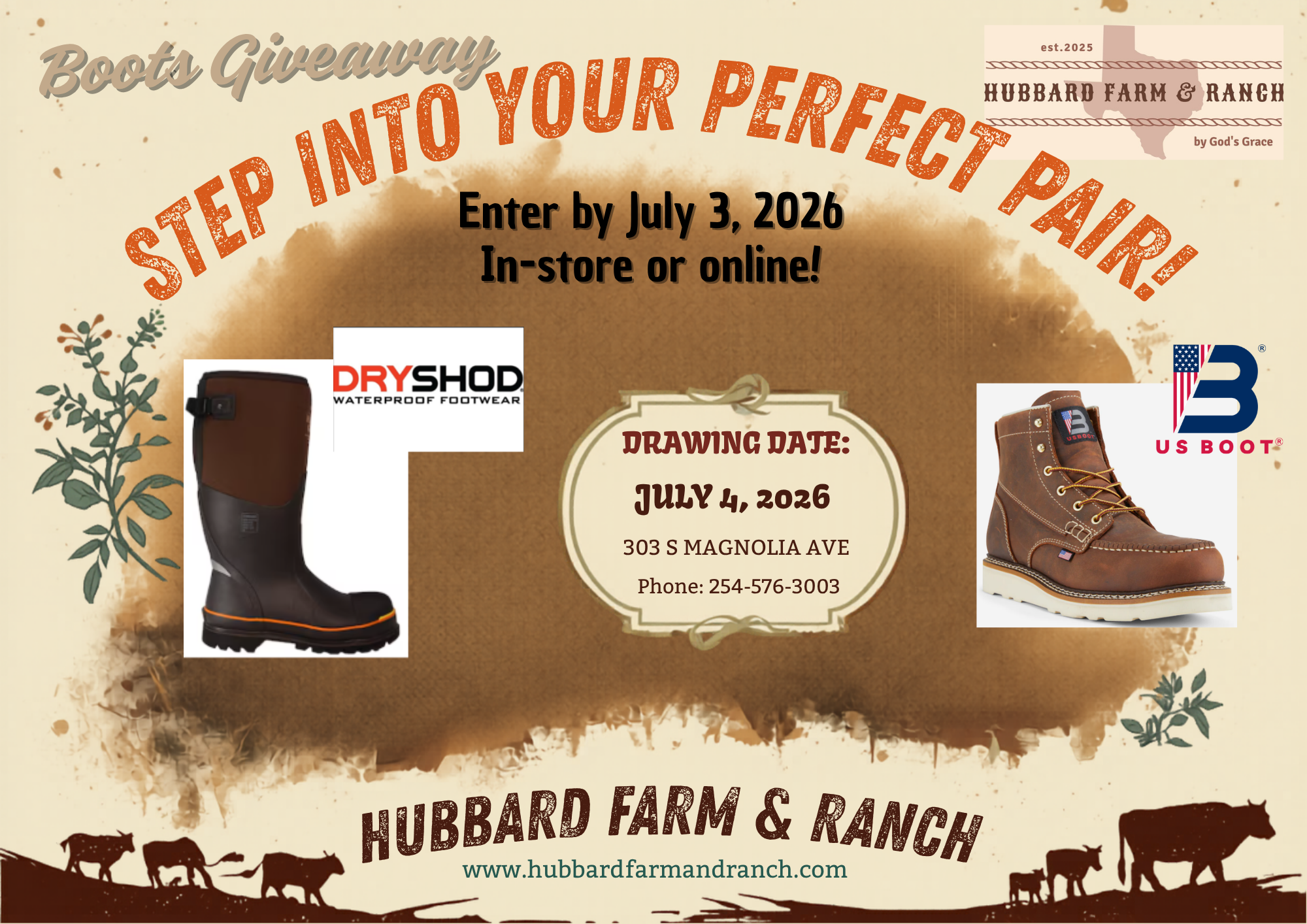 Boot Giveaway flyer for Hubbard Farm and Ranch promotion