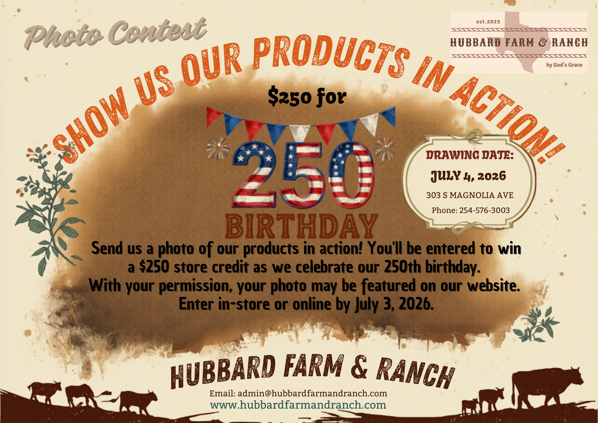 America 250 celebration flyer for 250 dollar store credit drawing